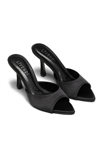 livendi Vienza Women's Black Satin Open-Toe 8.5 cm Thin Heeled Mule Slippers