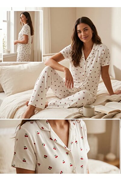 Kadın Kiraz Desenli Pijama Takımı – Önü Düğmeli Kısa Kollu Üst & Uzun Alt Rahat Ev Giyimi