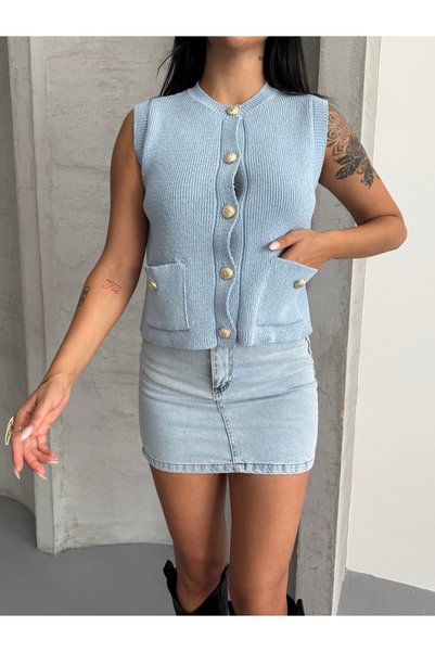 erki triko Metal Buttoned Pocketed Cotton Summer Seasonal Knitwear Vest