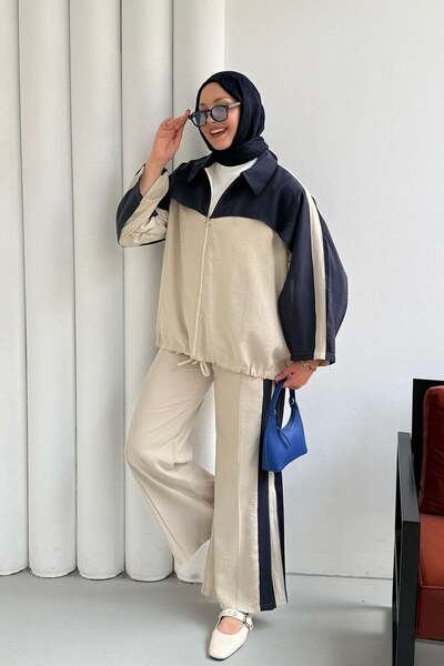 Modaensarbutik Modal Kumaş Fermuar Garnili Pantolonlu Tesettür Takım-LACİVERT
