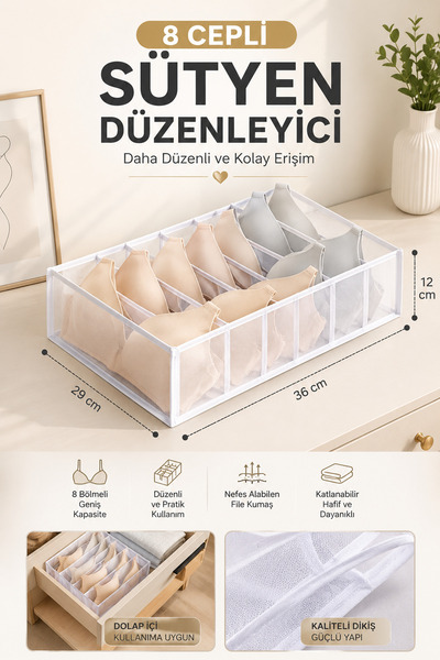 Ferzin 8 Bölmeli Şeffaf Sütyen Düzenleyici Organizer | Katlanabilir File Kuma...