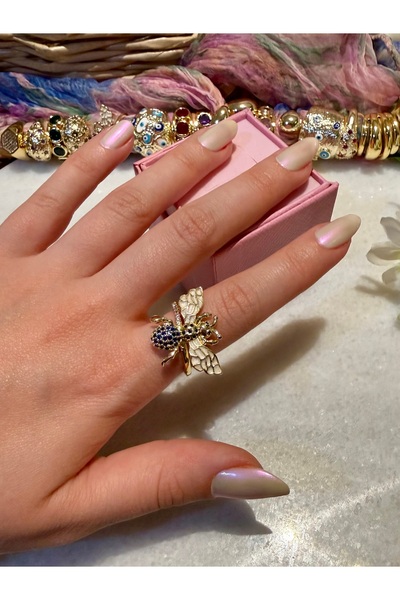 Merishe Jewerly خاتم ذهبي مزين بنمط نحلة مرصع بحجر الزركون قابل للتعديل ومقاو...