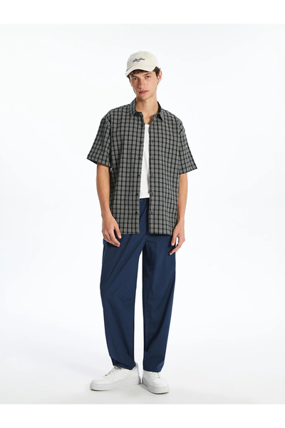 LC Waikiki Black Comfortable Fit Short Sleeve Plaid Men's Shirt