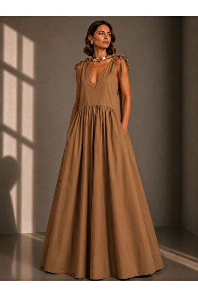ALYEL NAKER V-Neck & Waist-Tie Maxi Length Poplin Stylish/Casual Dress