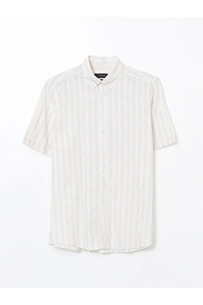 LC Waikiki Blue Regular Fit Short Sleeve Striped Linen Blend Men's Shirt