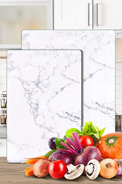 Decovetro 2-Piece Glass Cutting Board and Presentation Tray with White Marble...