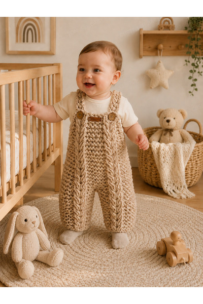 EL YAPIMI El Örgüsü Bebek Salopeti Bej Unisex Premium Tasarım Bebek Tulumu Alize Puffy Bebek Hediyesi