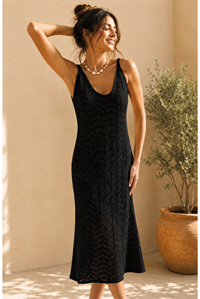 legends butik Women's V-Neck Openwork Knitted Knitwear Lined Maxi Dress - Sum...