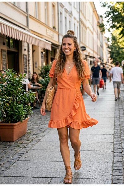 Chordi V-Neck Chiffon Mini Dress with Flounces and Gathered Sleeves