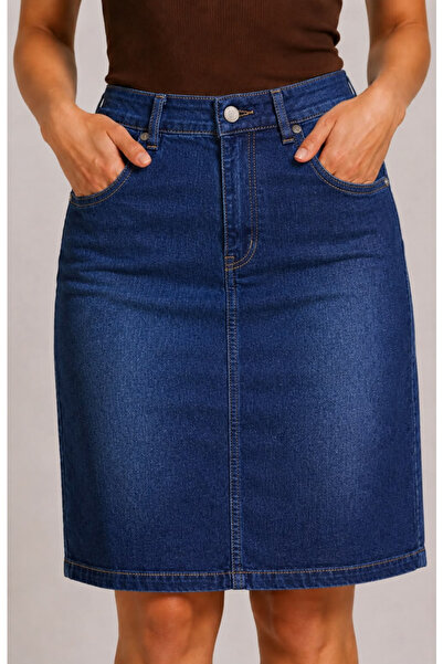 TugsatTasarTekstil Women's Navy Blue Stonewashed Denim Skirt High Waist Midi ...