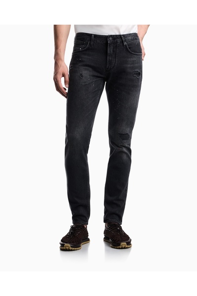 Emporio Armani Erkek Dar Kesim Düz Paça Eskitme Desenli Denim Gri Jeans