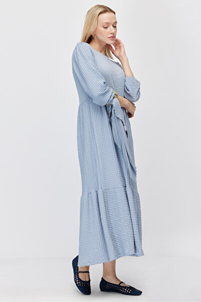 PAULMARK Women's Layered Detailed Crew Neck Textured Maxi Dress