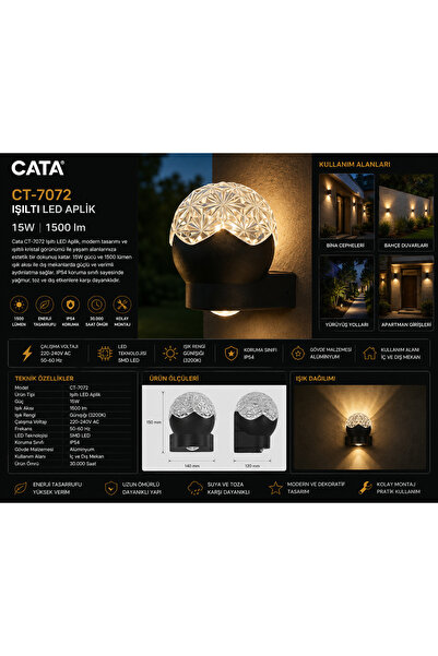 Cata CT-7072 Işıltı LED Aplik 15W 1500 Lümen Modern Duvar Apliği IP54 Dış Mek...