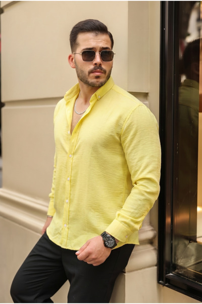 Generic Brand Men's Long Sleeve White Buttoned Pera Linen Shirt