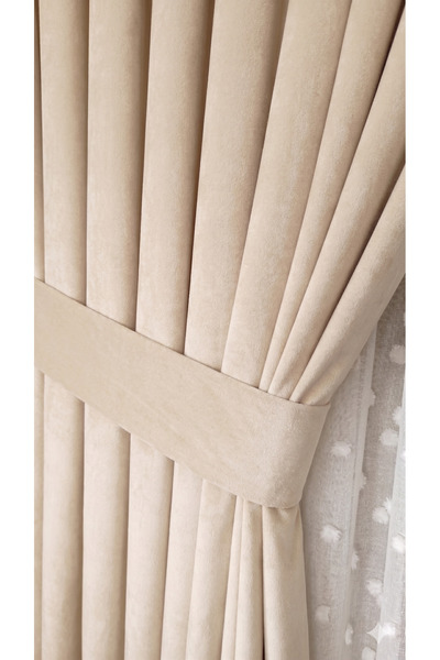 Yuka Beige Velvet Textured Background Curtain Single Panel Without Pleats Pla...