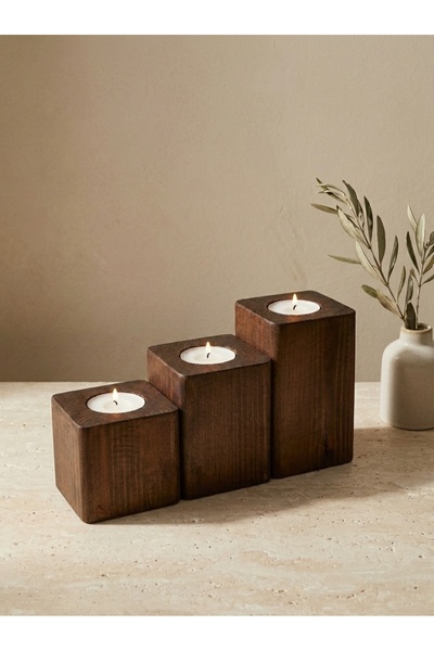Doku Ahşap Ahşap 3'lü Masa Mumluk Seti | Tealight Şamdan | Minimal Salon Dekoru