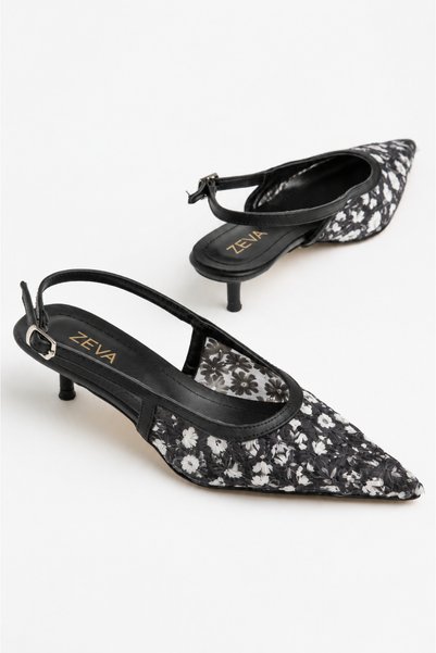 ZEVA COLLECTION Zeva Women's Floral Patterned Tulle Embroidered Pointed Toe Slingback Short Heeled Evening Dress Shoes