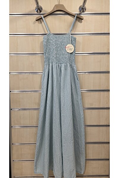Park Moda Strappy Cotton Long Dress with Gingham Pattern