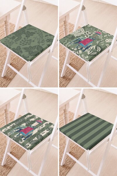 Home Set of 4 Lace-Up Chair Cushions with Elephant and Flower Patterns on Gre...
