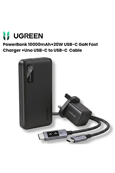 Ugreen باور بانك بسعة 10000 مللي أمبير في الساعة + شاحن GaN بقوة 20 واط + كاب...