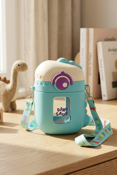 Kitchen Life Dinosaur Shaped Silicone Case, Leak-Proof Water Bottle with Stra...