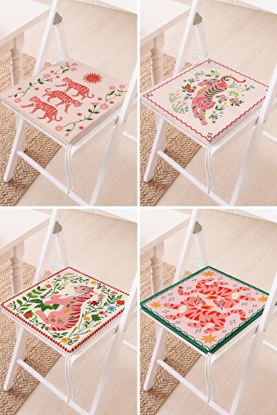 Home Set of 4 Tiger and Flower Patterned Lace-Up Chair Cushions