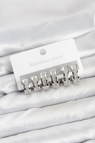 Generic Brand 316L Steel Silver Color Zircon Stone Hoop Earrings Set