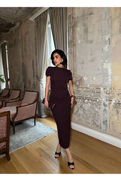 candybia Women's High Neck Belted Pencil Dress