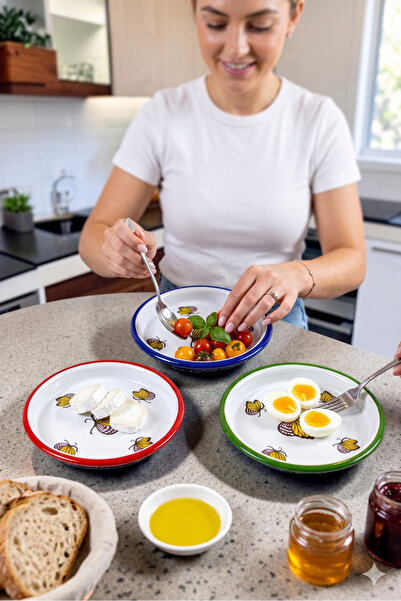 İnci Emaye 16 cm 3 Pieces 3 Colors Enamel Plate Coffee Plate for 3 People, Se...