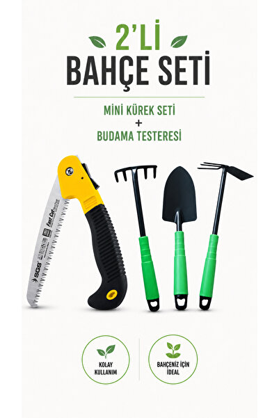 Mini Bahçe Hobi Kazma Kürek Çapa Seti 3'lü + Budama Testeresi