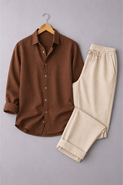beuivo Men's Linen Textured Oversize Shirt & Sofia Linen Loose Fit Trousers C...