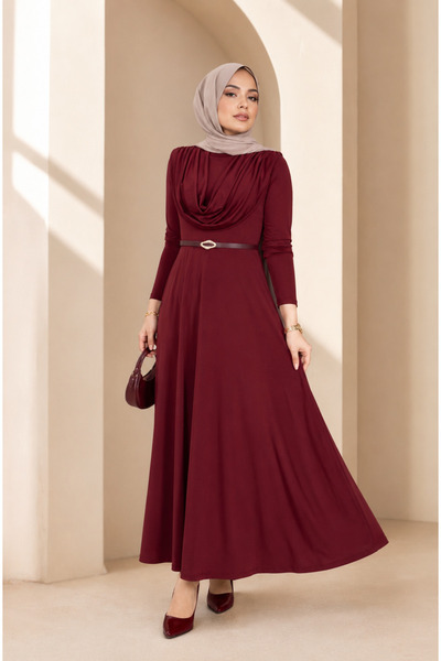 ASTEMİA Women's Draped Collar Belted Sandy Hijab Dress Sb0044