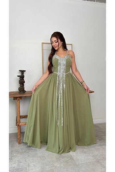 BRATO Olive Green Evening Gown with Sweetheart Neckline and Corset Embellishe...