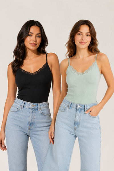 fevien 2-Pack Women's Cotton Thin Strap Lace Detailed Crew Neck Ribbed Stretc...