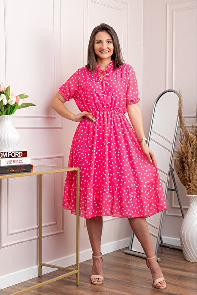 OEM Rochie retro Krista cu buline albe si maneci bufante - Ciclam