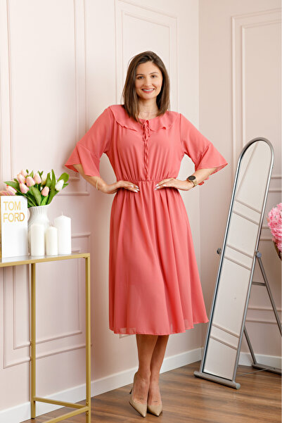 OEM Rochie corai vaporoasa cu elastic in talie si volanas la decolteu Allegra