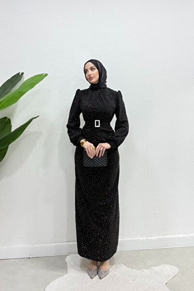 MODA ELİRA Silvery Jacquard Belt Buckle Hijab Evening Dress