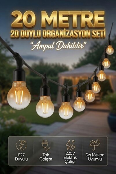 AC AYDINLATMA 20 Metre 20 Duy Organizasyon Seti A60 4W E27 Rustik Ampul Dahil...