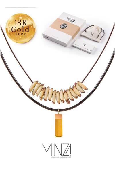 MINZA Jose Unisex Necklace, 18K Gold, Beaded Pendant Necklace, with Date Pit ...