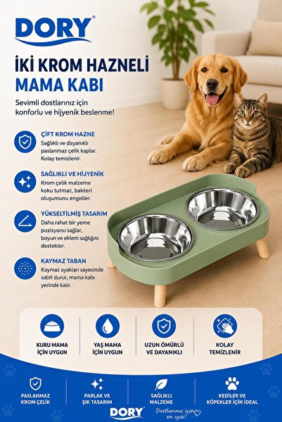 Dory İki Krom Hazneli Plastik Mama Su Kabı Yeşil