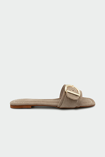 LAMİNTA Rios Suede Gold Buckle Detailed Women's Mink Suede Flat Slippers