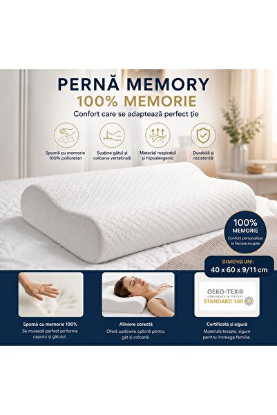 Extramall Pernă Cervicală Memory Foam 100% Suport Ergonomic pentru Gât și Coloană | 40x60x9/11 cm