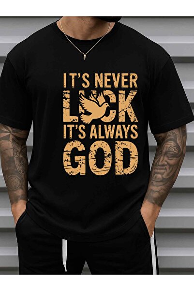 NOURAM Men's 180GSM 100% Cotton T-Shirt with Always Lucky God Print - Black R...