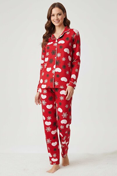 TOFİSA Printed Suede Pajama Set with Interlaced Detail - 28084-Red