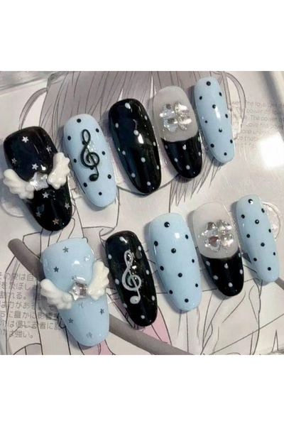 Choice1 SJ0561-S 10 hand pressed oval nails, beautiful fake nails, blue and b...
