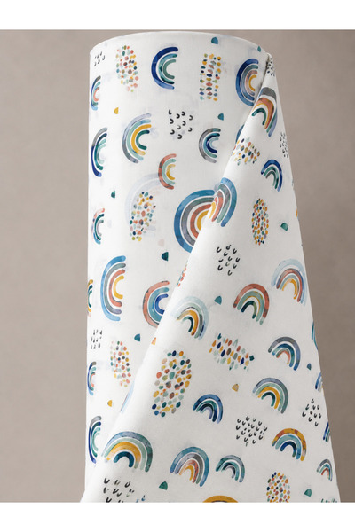 Bebek Özel 1 Roll (30 Meters) 100% Cotton Poplin Fabric Blue Rainbow Patterne...
