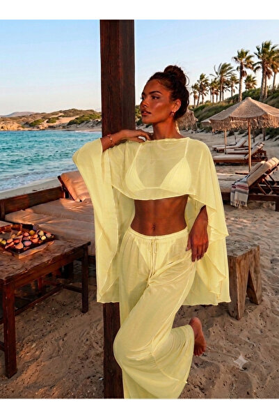 DipOL Butik Pastel Sarı Şifon Kumaş Bluz Pantolon İkili Takım Pareo
