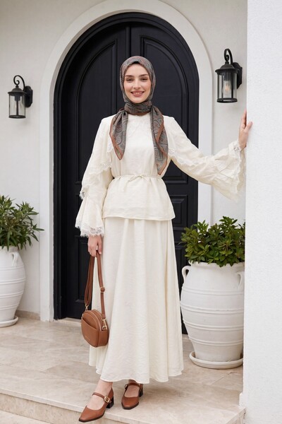 Modamorfo Lace Detailed Spanish Sleeve Lined Belted Tulle Voile Skirt Set -Ecru