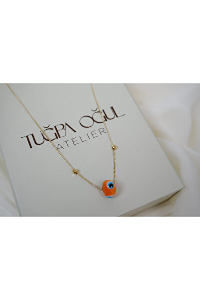 ATELİER TUĞBA Kol481 Orange Glass Evil Eye Beaded Gold Necklace