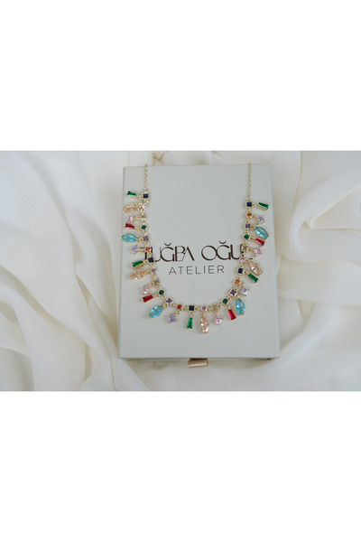 ATELİER TUĞBA Kol504 Multicolor Pendant Necklace with Zircon Stone and Gold